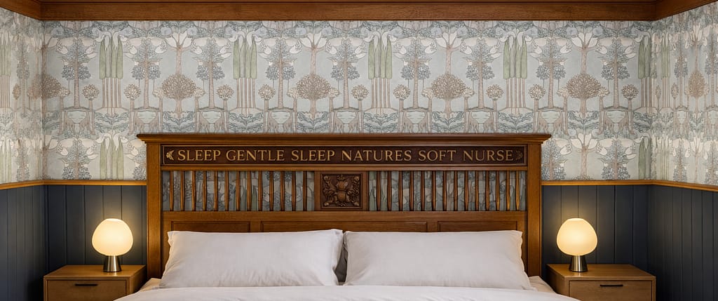 Bespoke bedroom with oak headboard and side units designed and built for a period home in the Scottish Borders