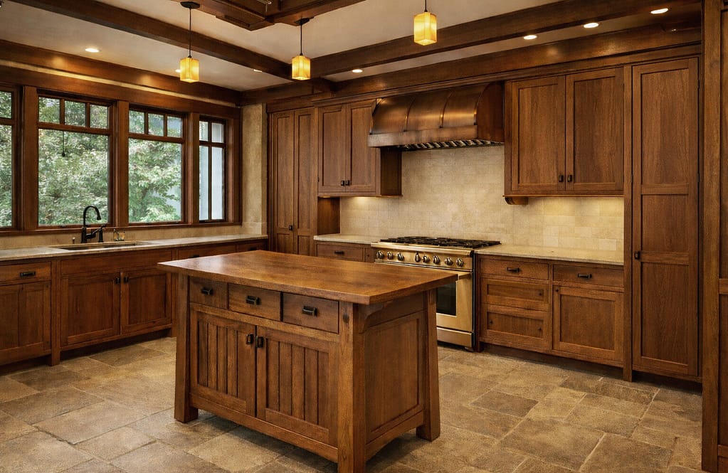 Bespoke fitted kitchen designed and built for a period home, with handcrafted cabinetry and stained oak finishes