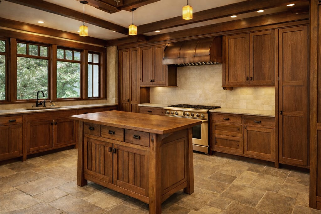 Bespoke fitted kitchen designed and built for a period home, with handcrafted cabinetry and stained oak finishes