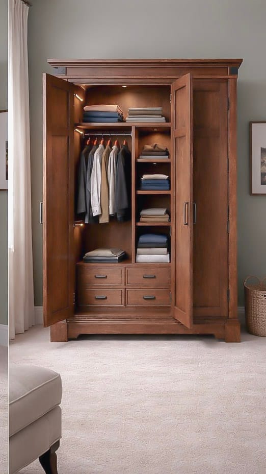 Bespoke oak wardrobe with fitted drawers and shelving