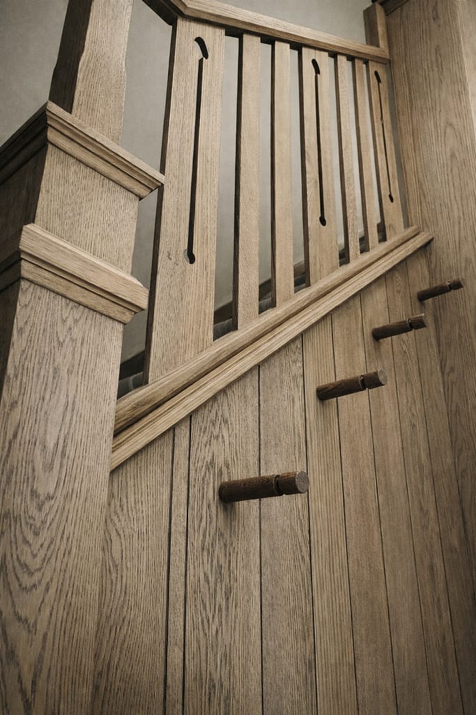 Detail of a bespoke staircase showing timber handrail, balustrade and joinery detailing