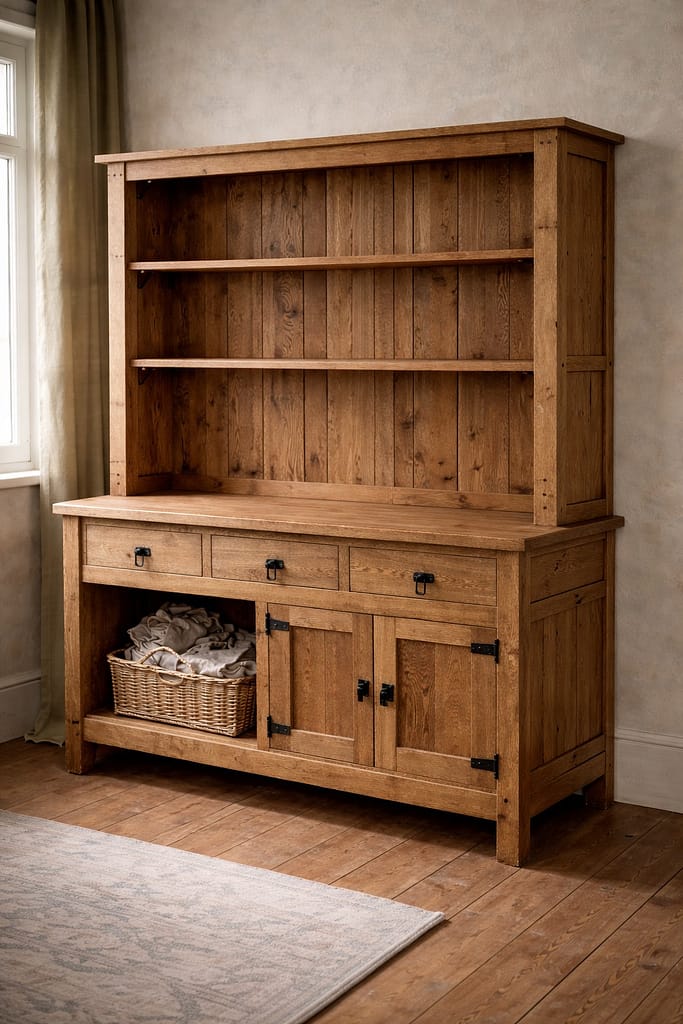 Bespoke freestanding kitchen dresser with open shelves and drawers