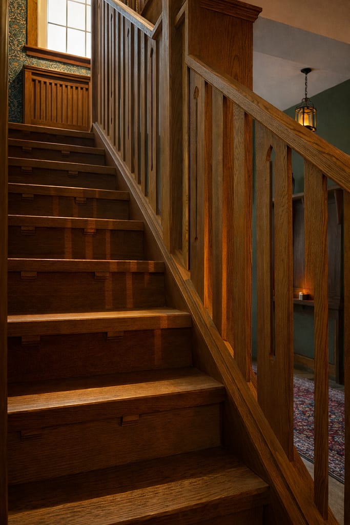 Bespoke oak staircase designed and built for a period home, with solid wood treads and traditional detailing