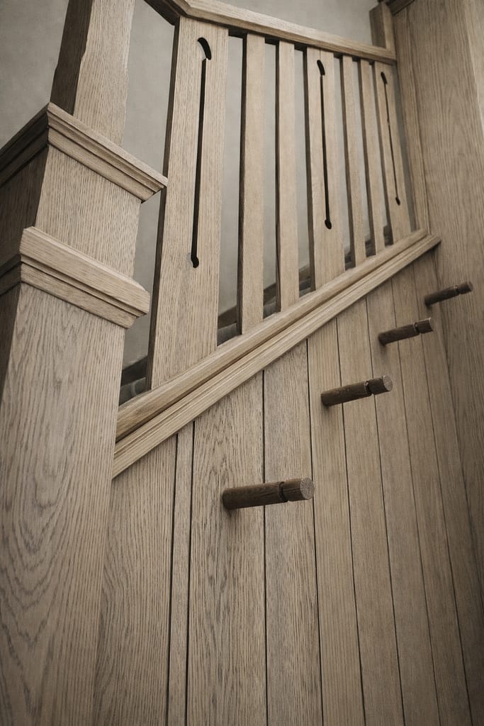 Bespoke staircase with newel post and oak pegs shown