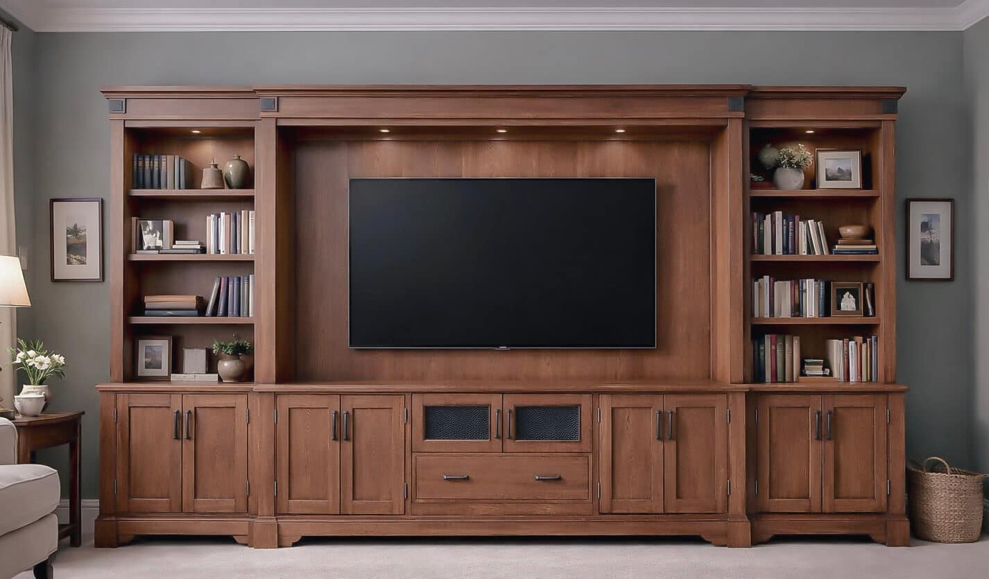 Bespoke oak media unit with open shelves and storage underneath. Complete with integrated lighting